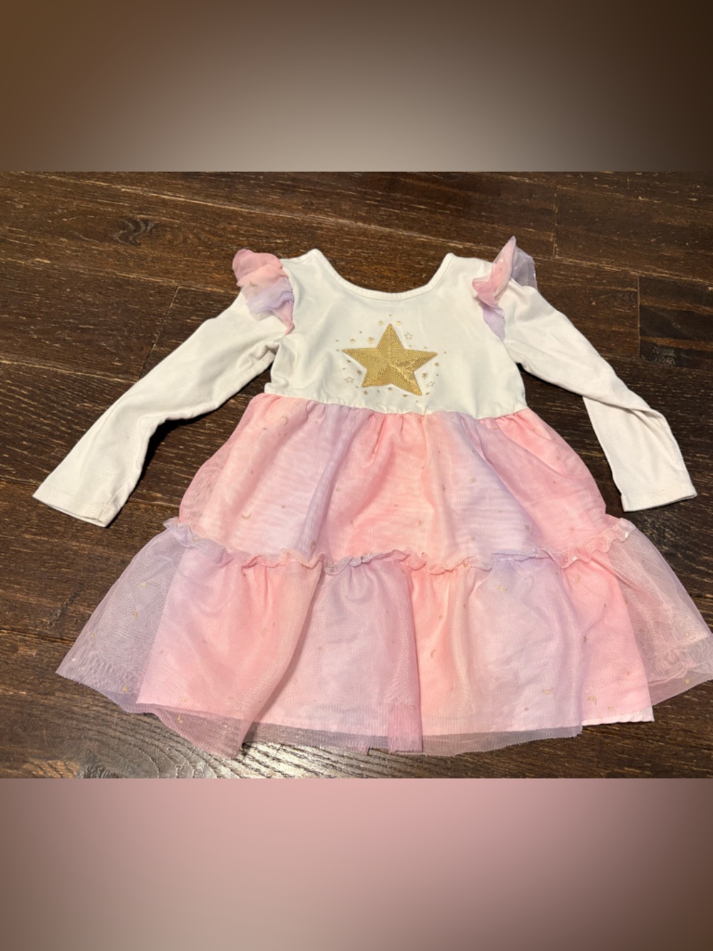 Girls' Pink & White Star Tulle Dress with Gold Star